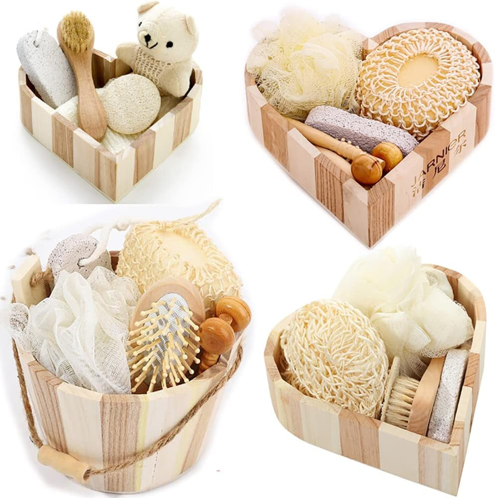 Bathing Set Wash Body Massage Tool Bath Sponge Feet Scrubber Bath Brush Exfoliating Body Care Skin Shower Brush Wet and Dry Brushing for Heart-Shaped Gift Box Bath Set,5Pcs Type 3