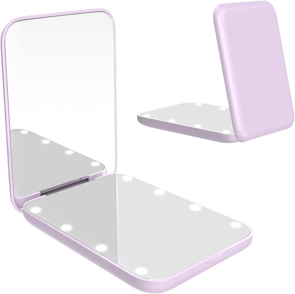 Small Mirror with Lights,Led Compact Makeup Mirror,1X/3X Mini Travel Mirror with Magnification,Portable for Purse,Pocket,Gifts for Girls,Purple