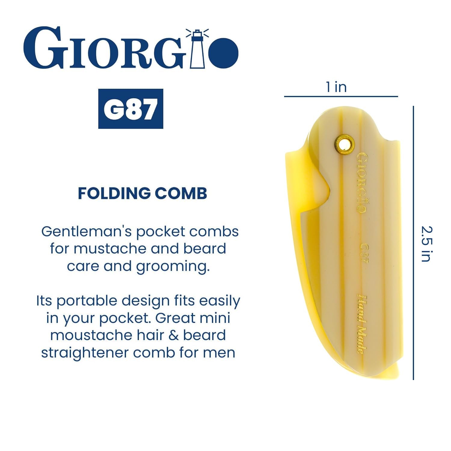 G87 Folding Mustache and Beard Comb, Small Pocket Comb for Men Everyday Grooming and Hair Care. Handmade, Saw-Cut and Hand Polished Styling Men'S Folding Combs. Ivory 4.5 Inch