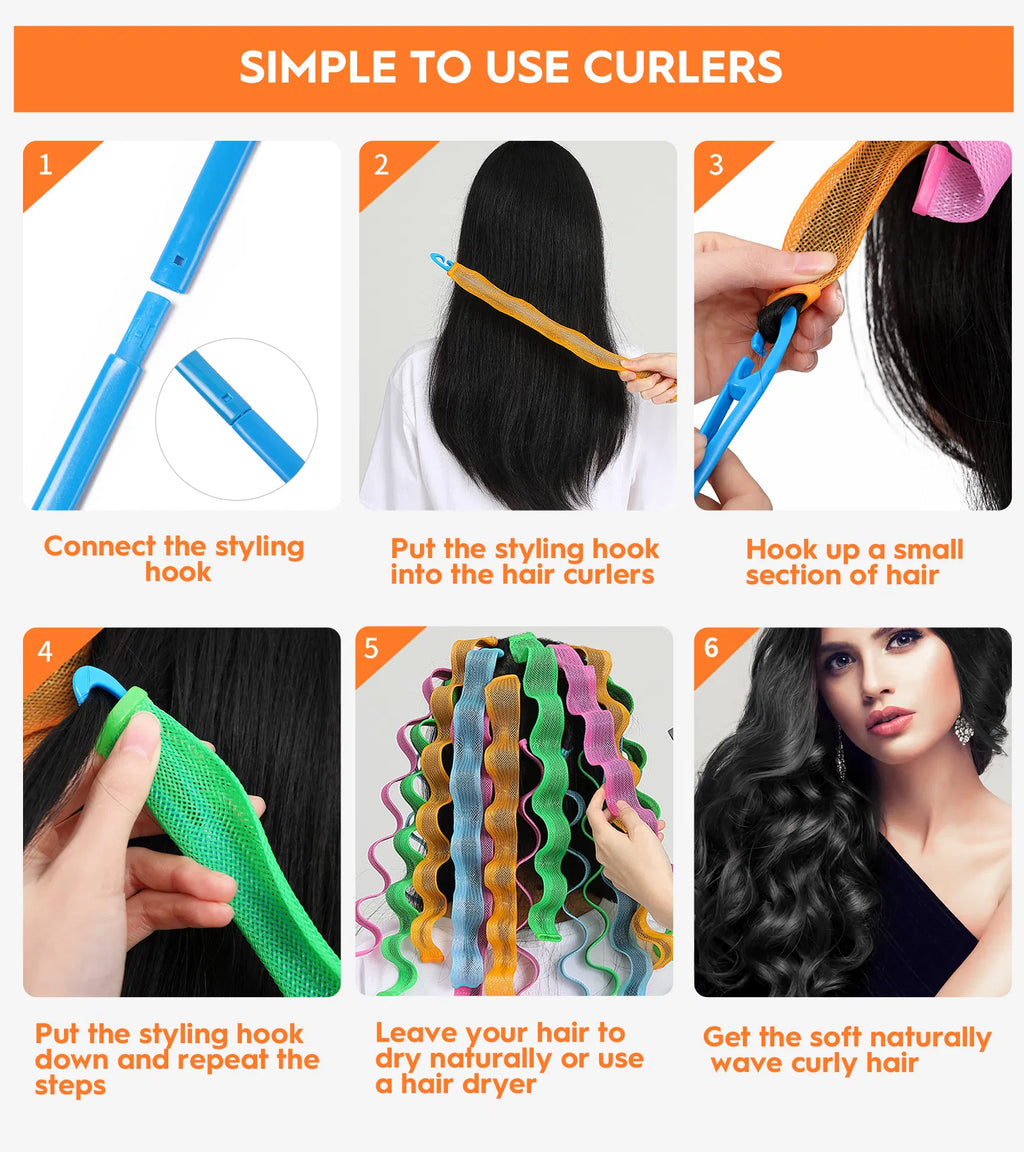 30 Pcs Heatless Hair Curlers Wave Curls Styling Kit with 2 Pcs Styling Hooks, No Heat Hair Curlers for Women Girls 6 Colors, 30 Cm 11.81 Inch