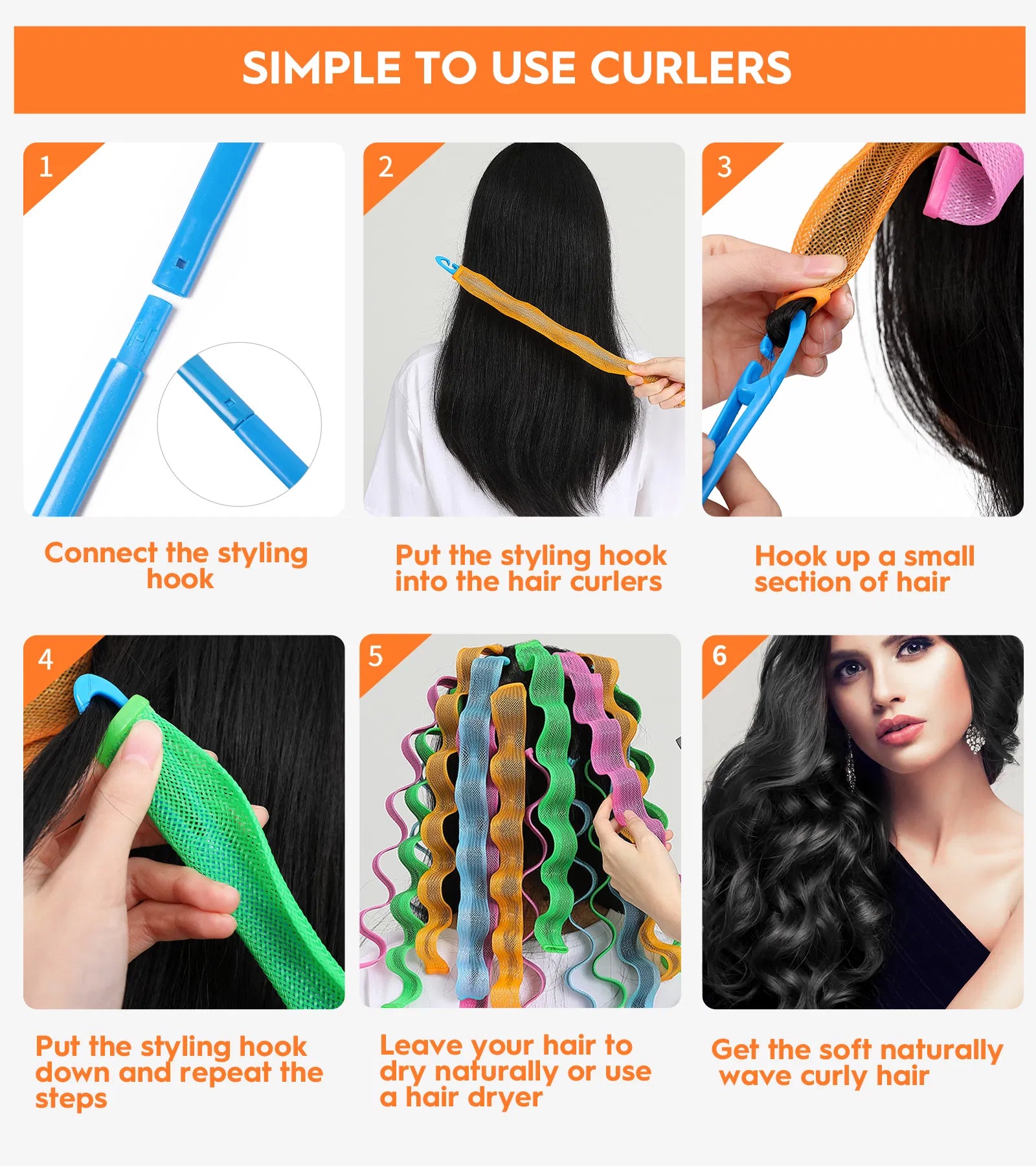 30 Pcs Heatless Hair Curlers Wave Curls Styling Kit with 2 Pcs Styling Hooks, No Heat Hair Curlers for Women Girls 6 Colors, 30 Cm 11.81 Inch