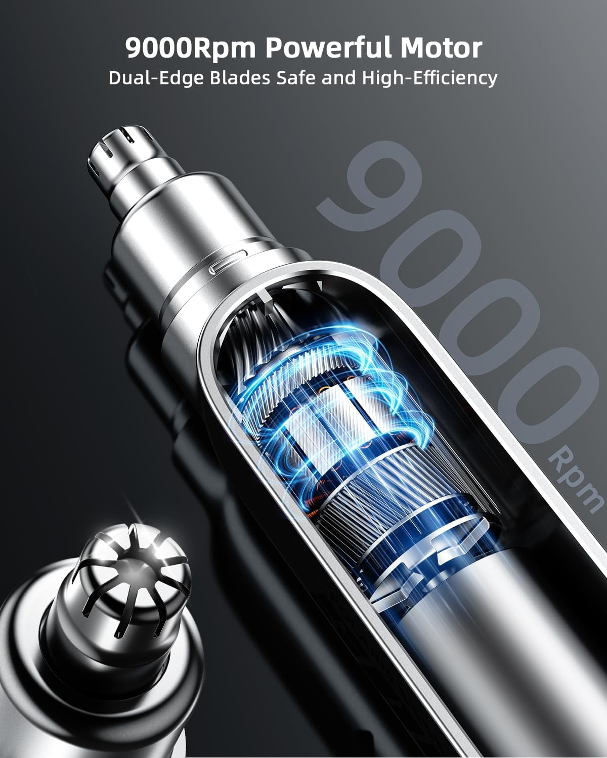 Rechargeable Ear and Nose Hair Trimmer for Men Women, Professional Eyebrow Trimmer with Digital Display, 9000 RPM Powerful Motor and Dual-Edge Blades for Smoother Cutting, 2 Blades, Grey