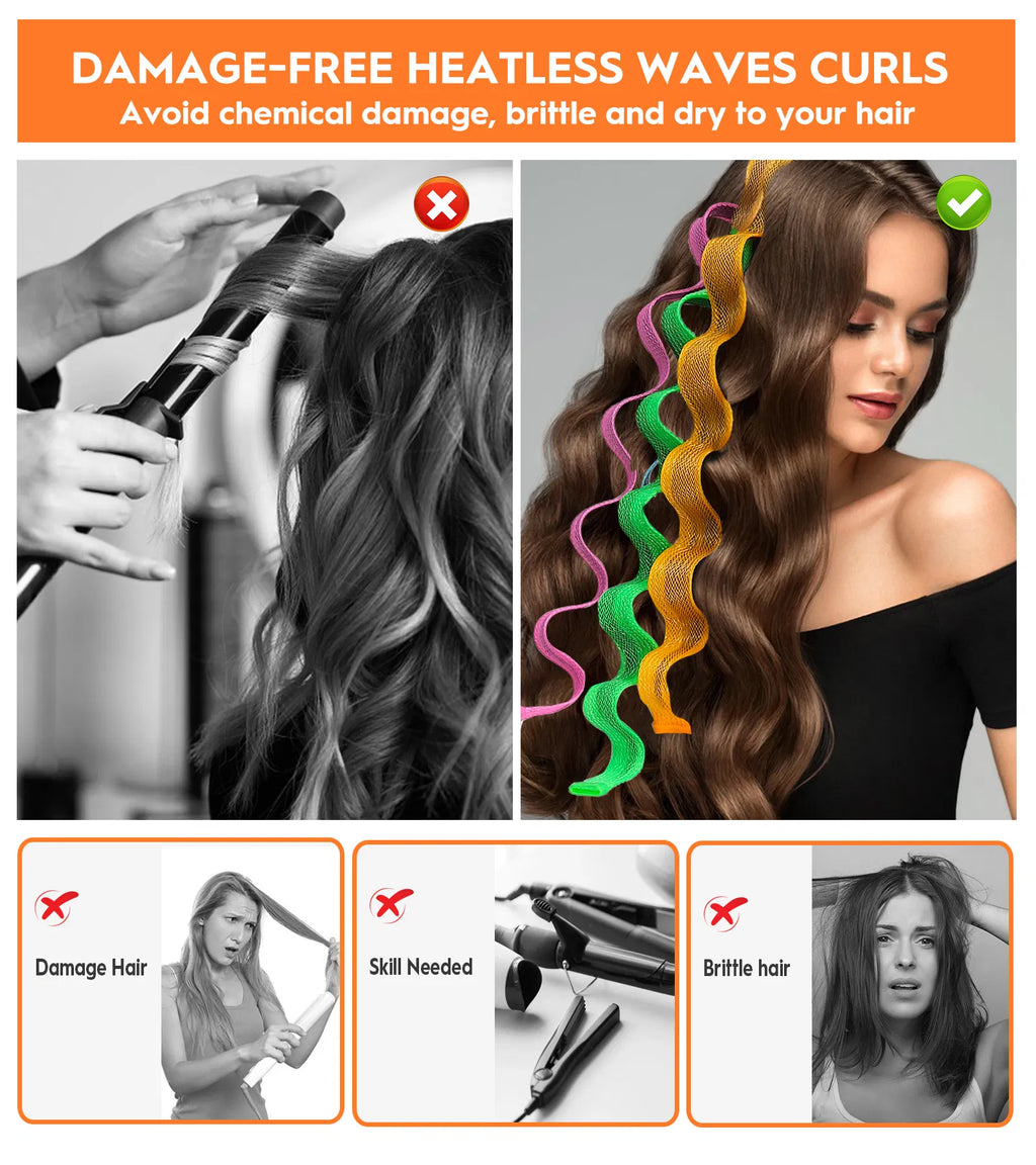 30 Pcs Heatless Hair Curlers Wave Curls Styling Kit with 2 Pcs Styling Hooks, No Heat Hair Curlers for Women Girls 6 Colors, 30 Cm 11.81 Inch