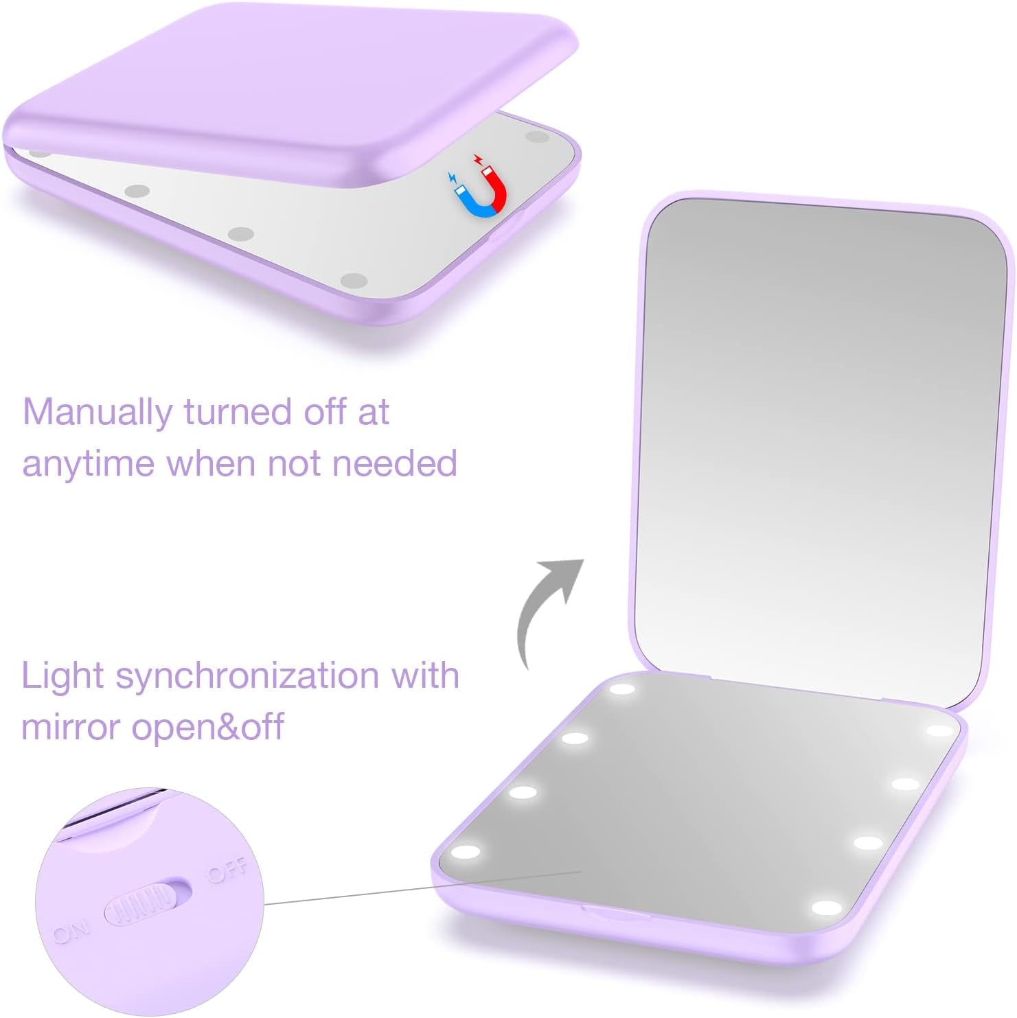 Small Mirror with Lights,Led Compact Makeup Mirror,1X/3X Mini Travel Mirror with Magnification,Portable for Purse,Pocket,Gifts for Girls,Purple