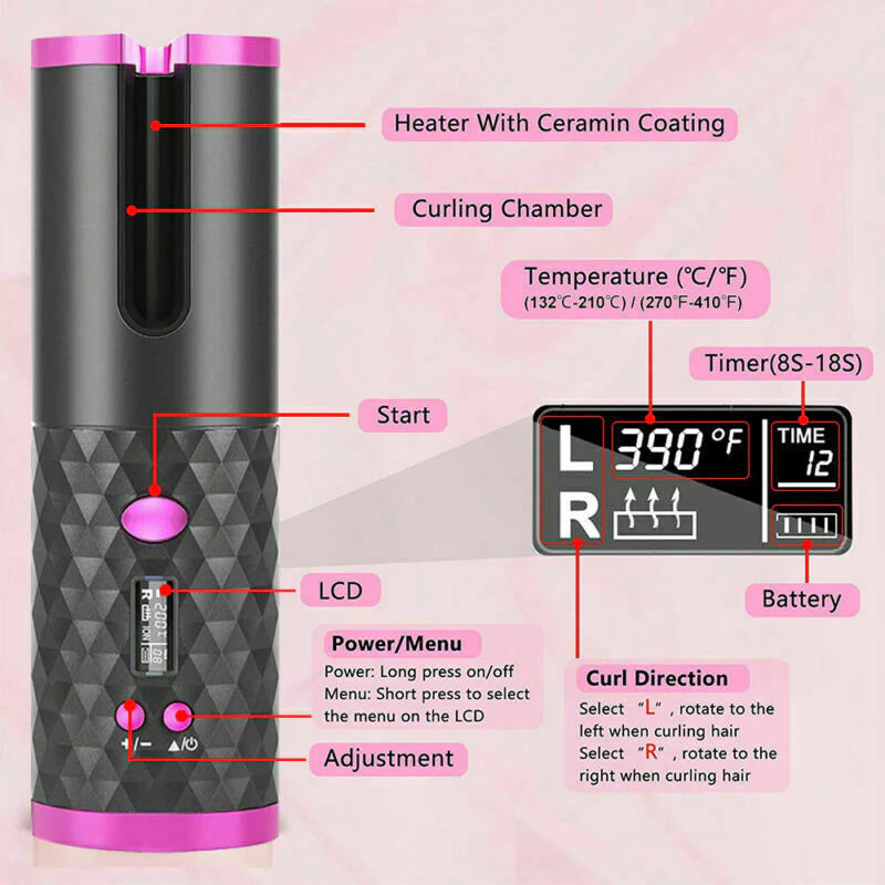 Cordless Hair Curler Auto Rotating Waver Curling Iron