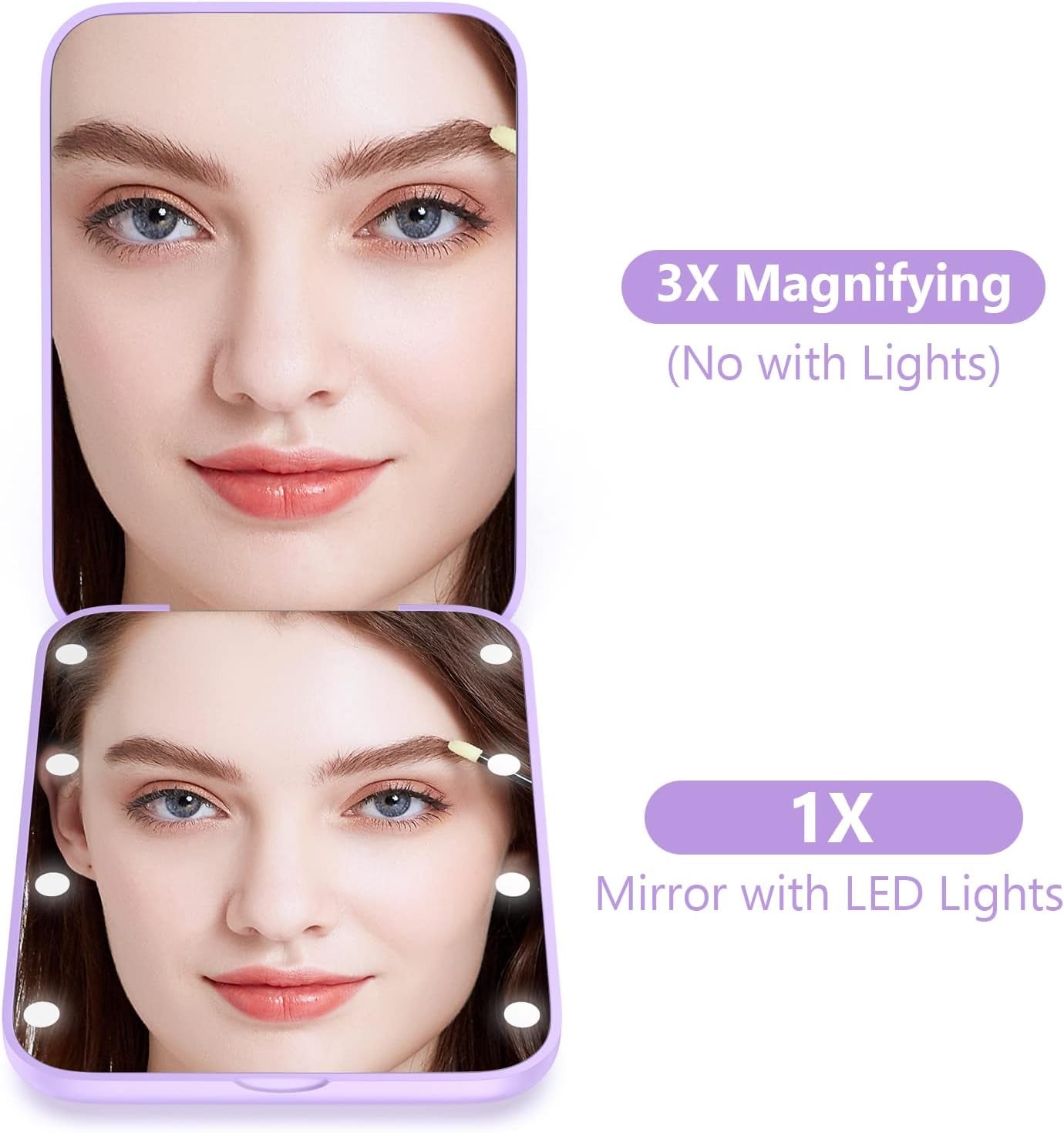 Small Mirror with Lights,Led Compact Makeup Mirror,1X/3X Mini Travel Mirror with Magnification,Portable for Purse,Pocket,Gifts for Girls,Purple