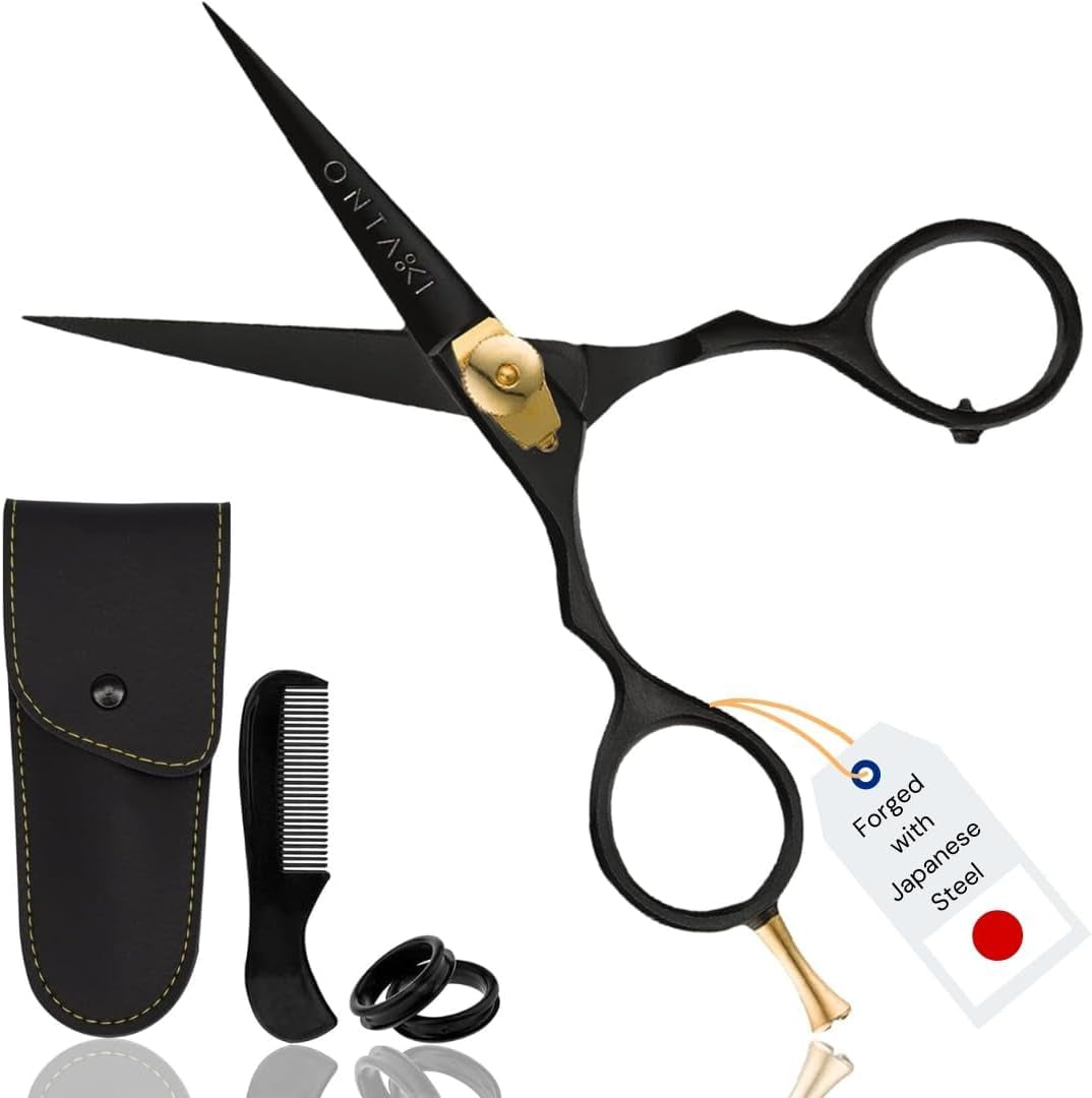 Premium Hand Forged Japanese Steel Hair Beard Mustache Scissors Cut Trim Groom Facial Hair Bangs (Black - 5.5")