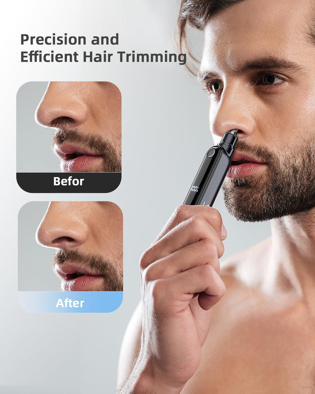 Rechargeable Ear and Nose Hair Trimmer for Men Women, Professional Eyebrow Trimmer with Digital Display, 9000 RPM Powerful Motor and Dual-Edge Blades for Smoother Cutting, 2 Blades, Grey