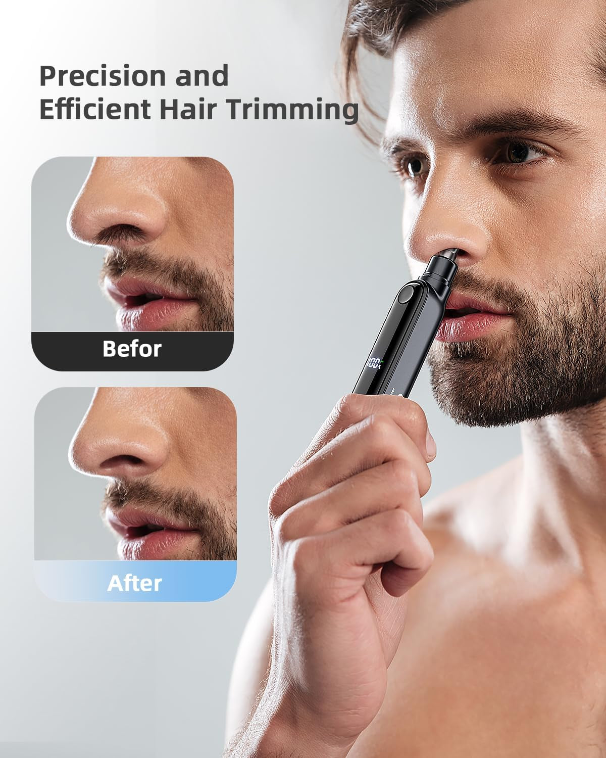 Rechargeable Ear and Nose Hair Trimmer for Men Women, Professional Eyebrow Trimmer with Digital Display, 9000 RPM Powerful Motor and Dual-Edge Blades for Smoother Cutting, 2 Blades, Grey