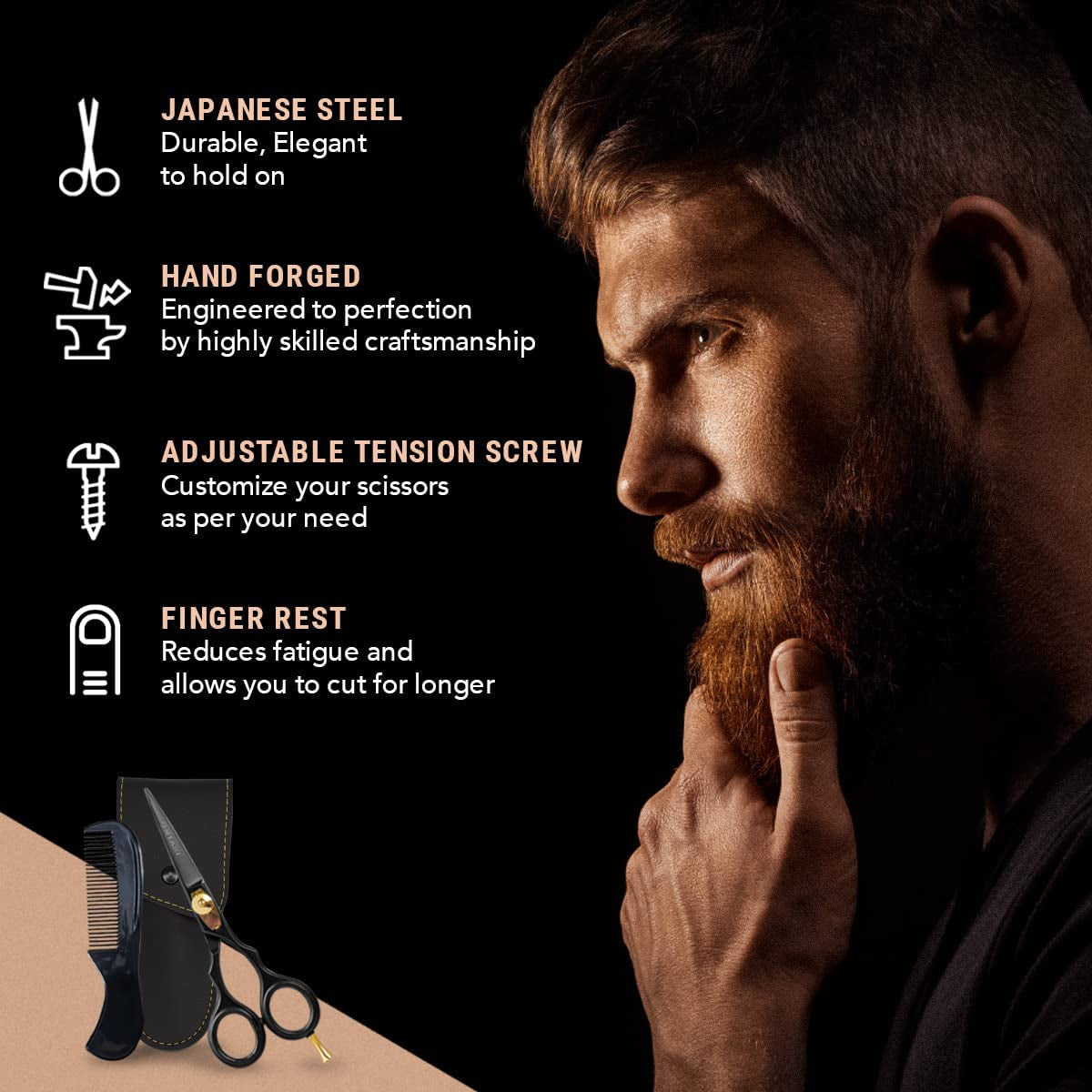 Premium Hand Forged Japanese Steel Hair Beard Mustache Scissors Cut Trim Groom Facial Hair Bangs (Black - 5.5")