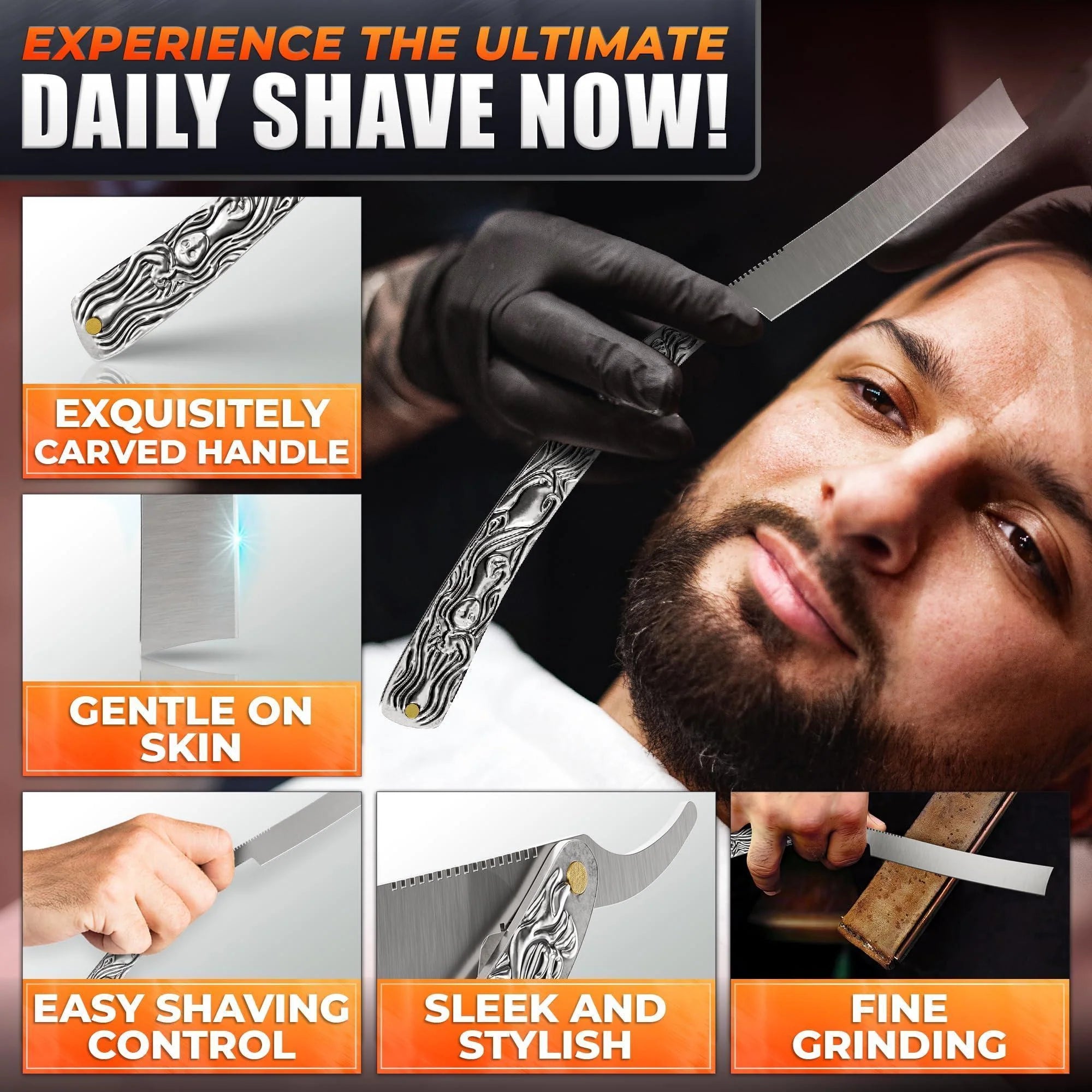Straight Razor Carbon Steel Blade 11.4 in Secure Grip for Shaving